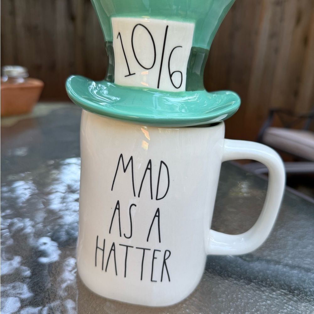 RAE DUNN Disney “MAD AS A HATTER” Mug with topper